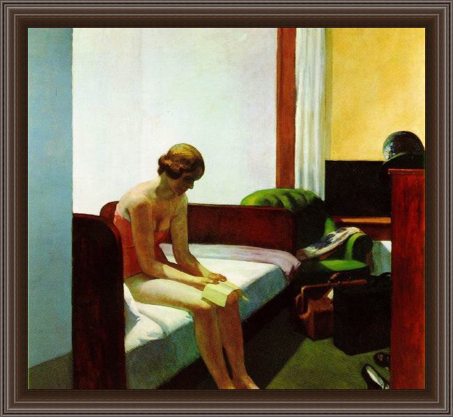 Framed Edward Hopper hotel room painting