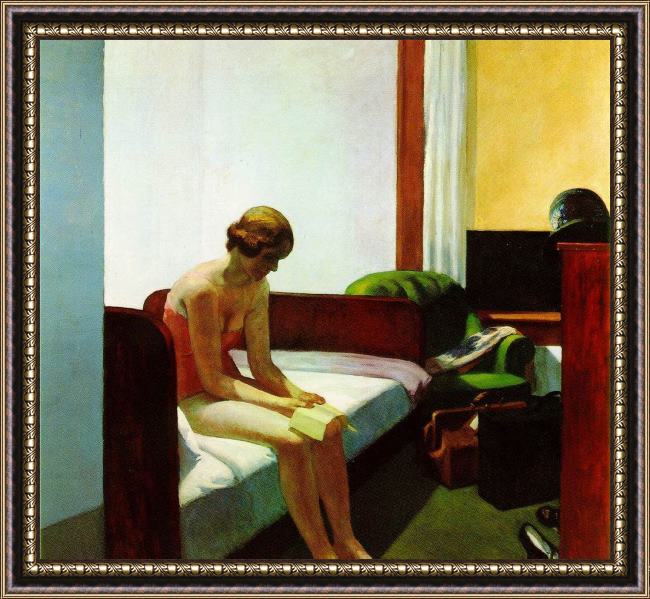 Framed Edward Hopper hotel room painting