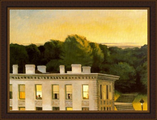 Framed Edward Hopper house at dusk painting