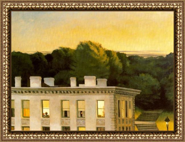 Framed Edward Hopper house at dusk painting