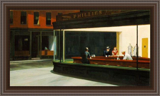 Framed Edward Hopper nighthawks painting