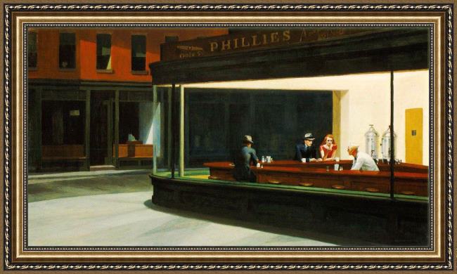 Framed Edward Hopper nighthawks painting