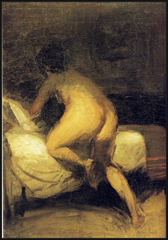 Framed Edward Hopper nude crawling into bed painting