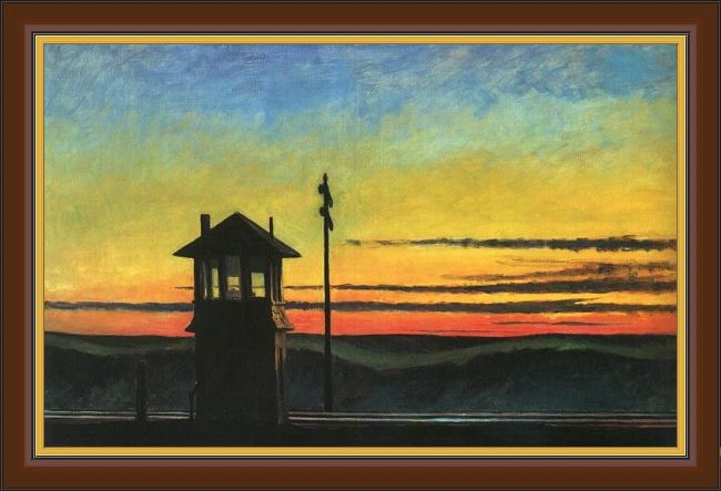 Framed Edward Hopper railroad sunset painting