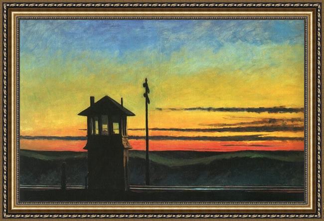 Framed Edward Hopper railroad sunset painting