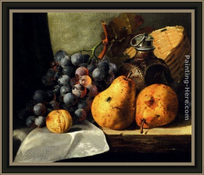 Framed Edward Ladell pears, grapes, a greengage, plums a stoneware flask and a wicker basket on a wooden ledge painting