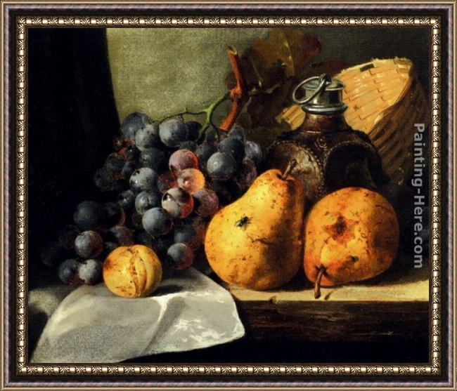 Framed Edward Ladell pears, grapes, a greengage, plums a stoneware flask and a wicker basket on a wooden ledge painting