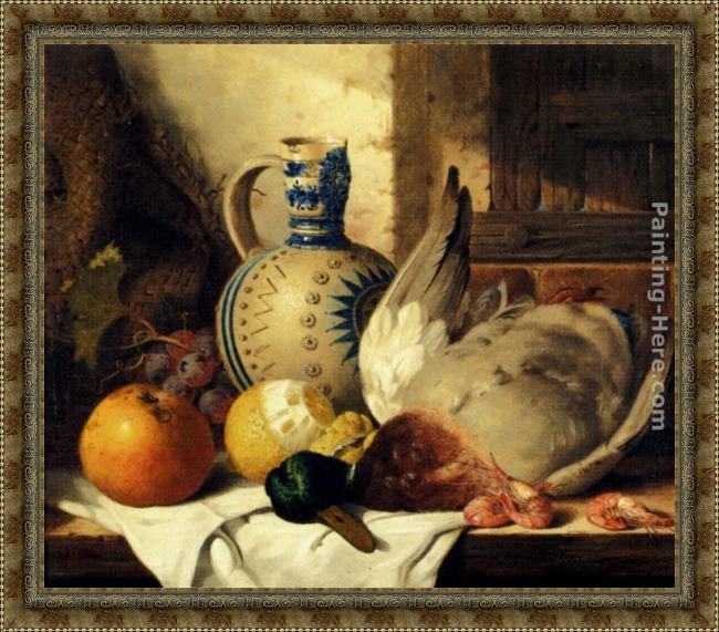 Framed Edward Ladell prawns, a mallard, a lemon, an apple, grapes and a stoneware jug on a draped wooden ledge painting