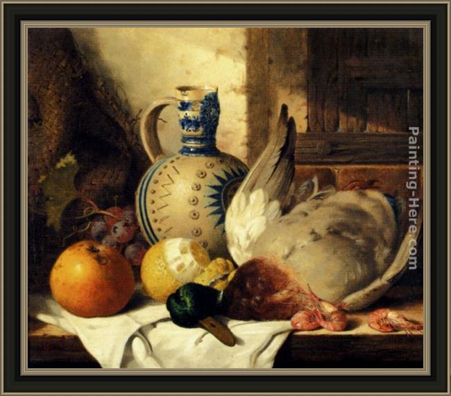 Framed Edward Ladell prawns, a mallard, a lemon, an apple, grapes and a stoneware jug on a draped wooden ledge painting