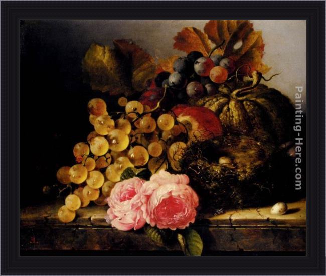 Framed Edward Ladell still life with a birds nest, roses, a melon and grapes painting