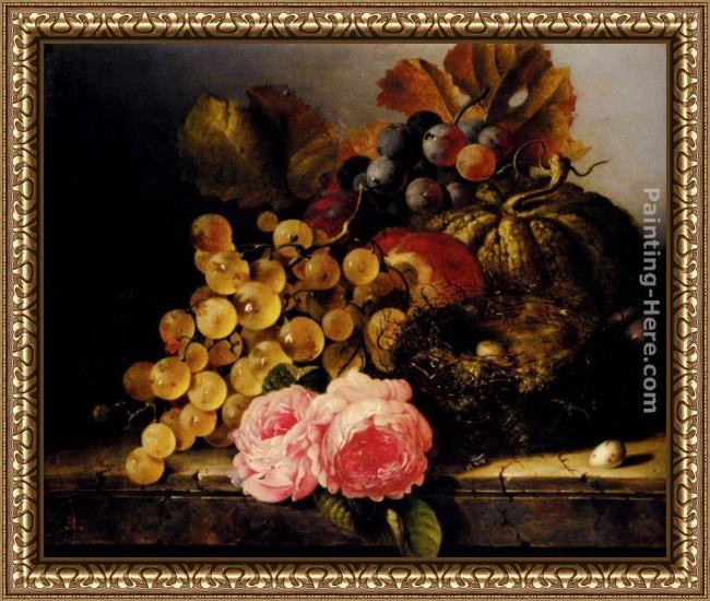 Framed Edward Ladell still life with a birds nest, roses, a melon and grapes painting
