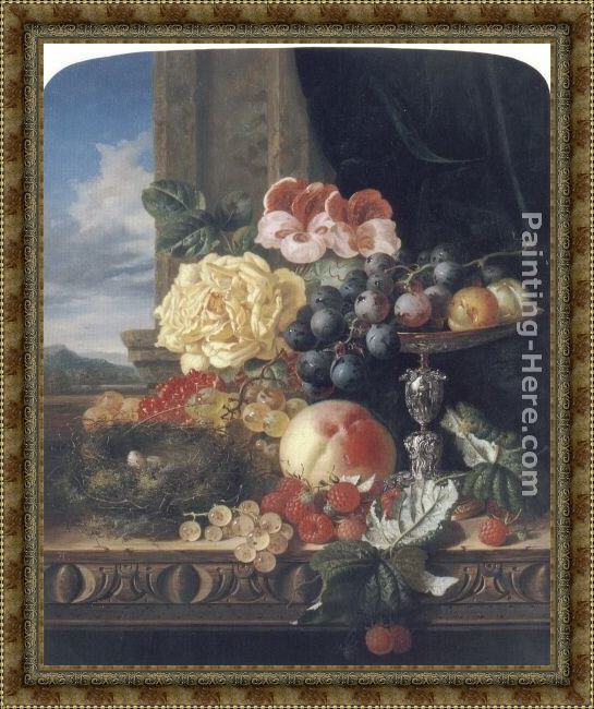 Framed Edward Ladell still life with fruit, flowers and a bird's nest painting