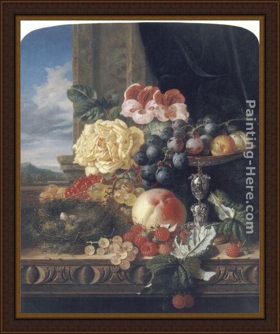 Framed Edward Ladell still life with fruit, flowers and a bird's nest painting