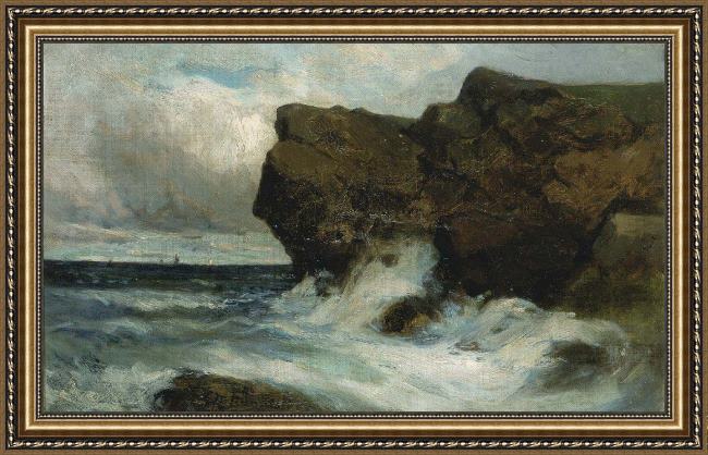 Framed Edward Mitchell Bannister ocean cliffs painting