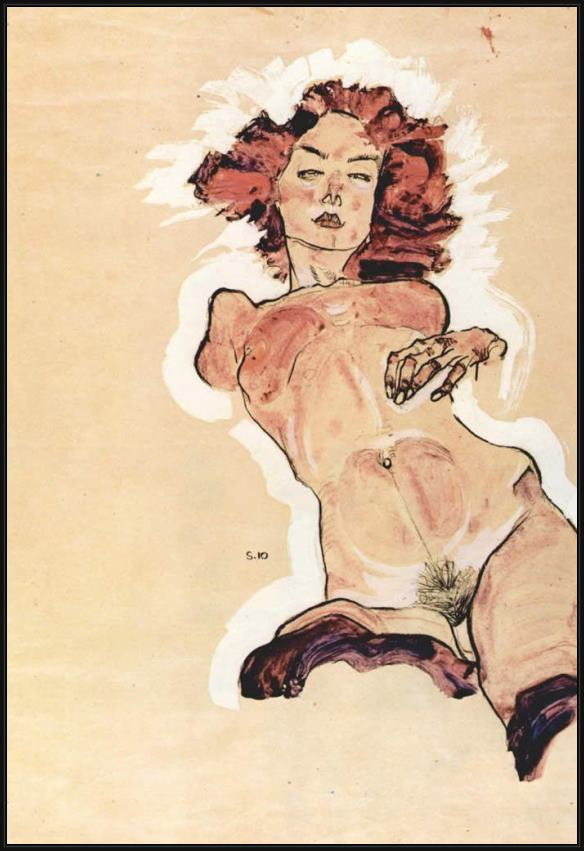 Framed Egon Schiele feminine act painting