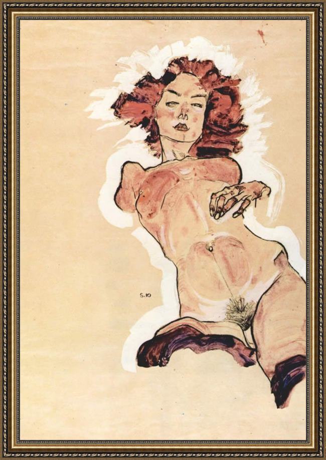 Framed Egon Schiele feminine act painting