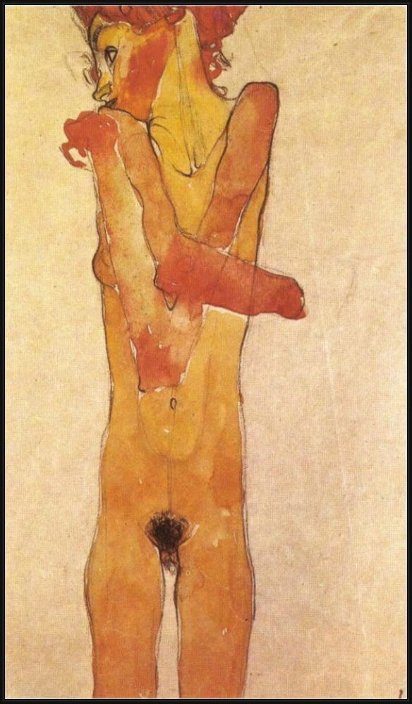 Framed Egon Schiele nude teenager 1910 painting