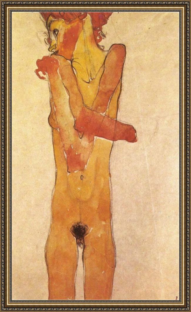 Framed Egon Schiele nude teenager 1910 painting