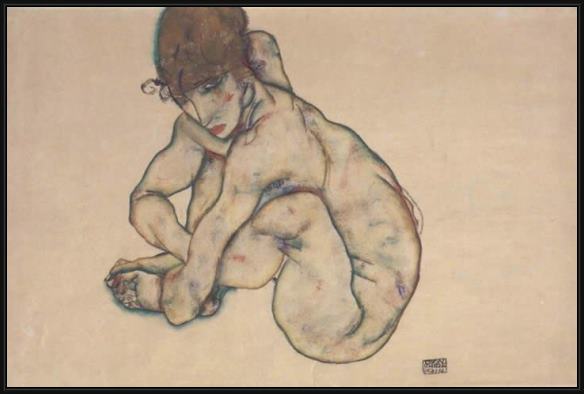 Framed Egon Schiele sitting feminine act painting