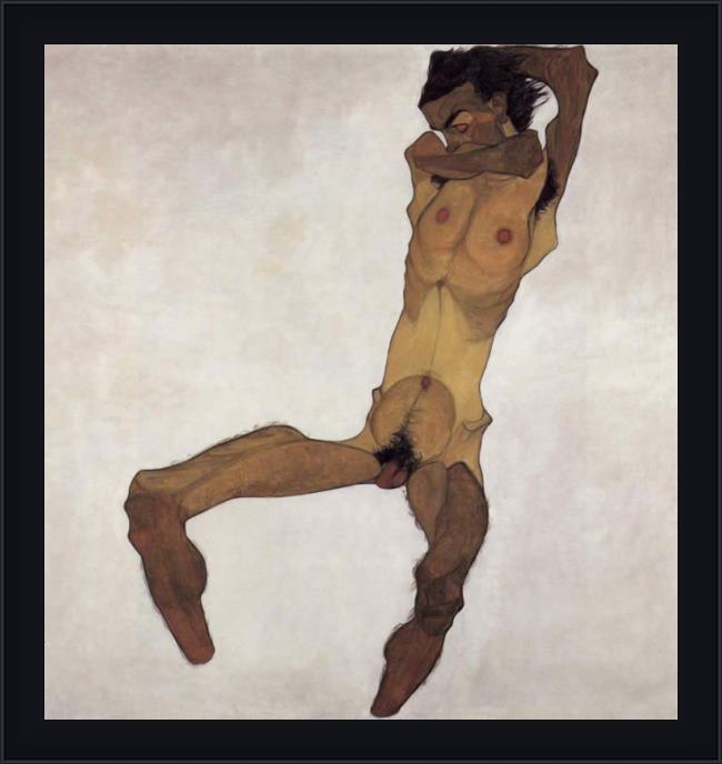Framed Egon Schiele sitting male act painting