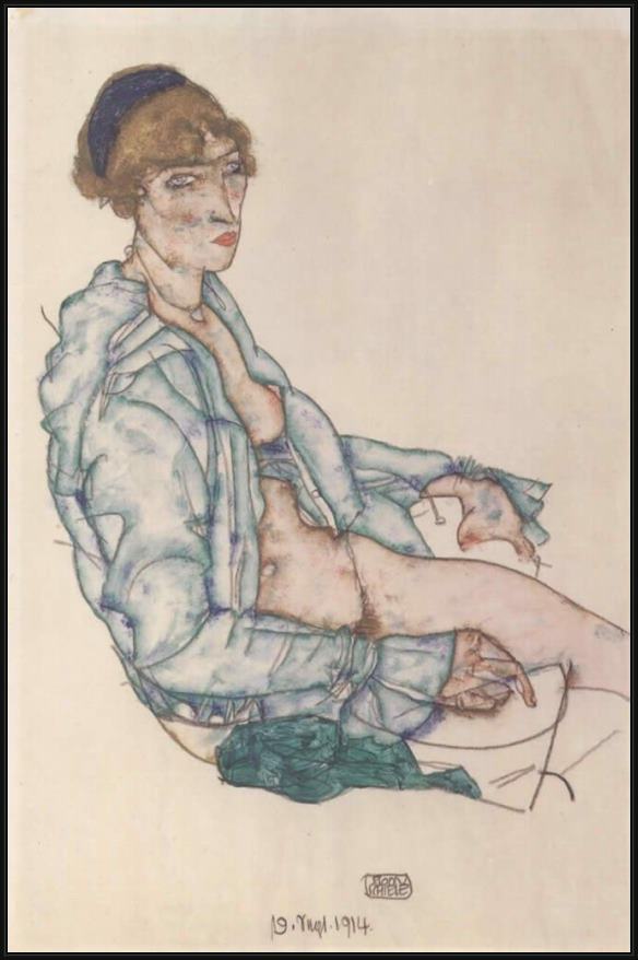 Framed Egon Schiele sitting woman with blue hair ribbon painting