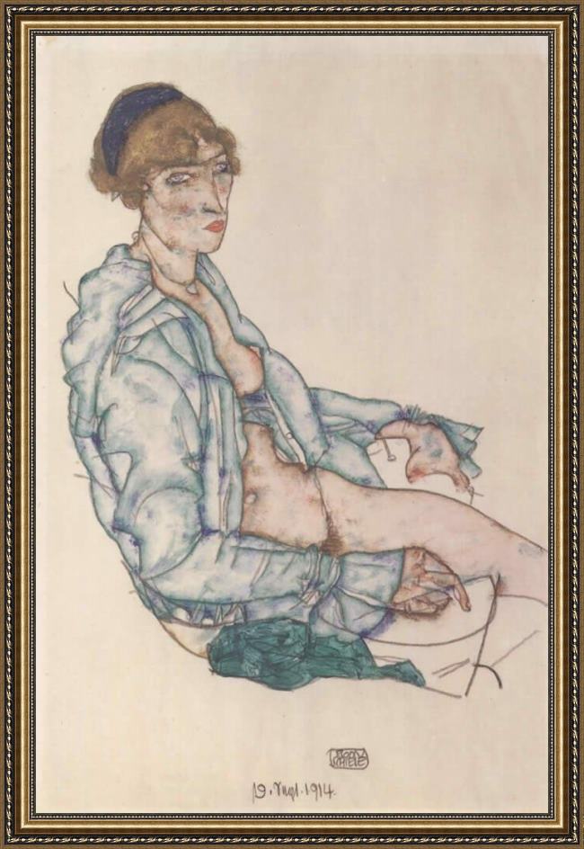 Framed Egon Schiele sitting woman with blue hair ribbon painting
