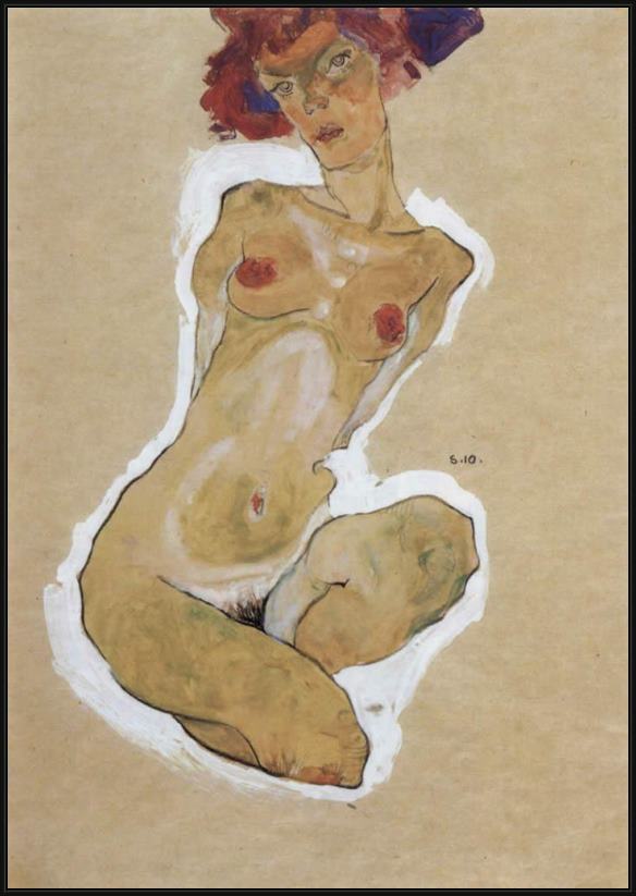 Framed Egon Schiele squatting feminine act painting