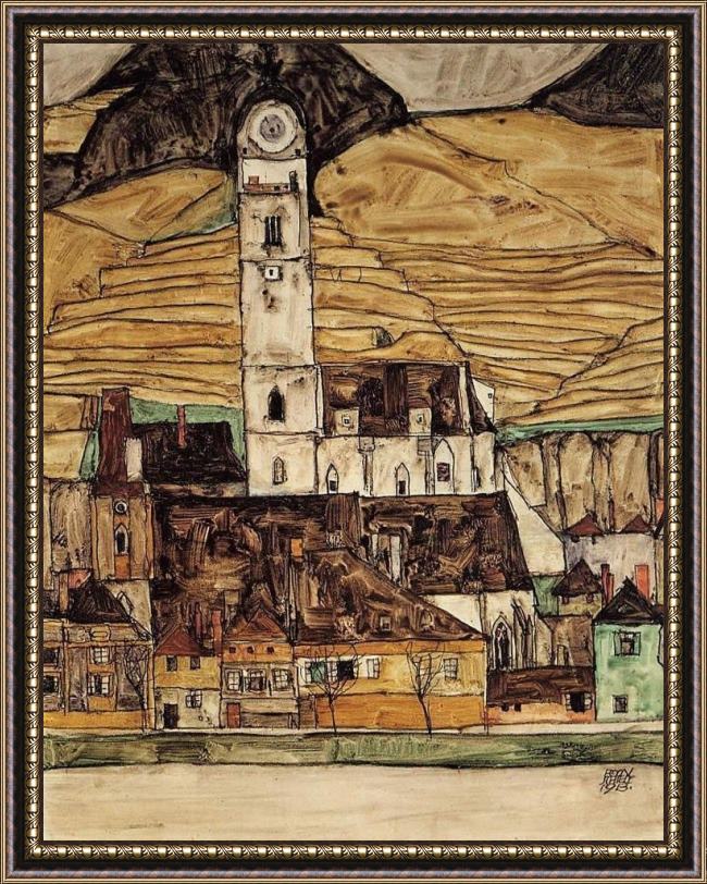 Framed Egon Schiele stein on the danube painting