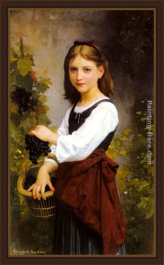 Framed Elizabeth Jane Gardner Bouguereau a young girl holding a basket of grapes painting