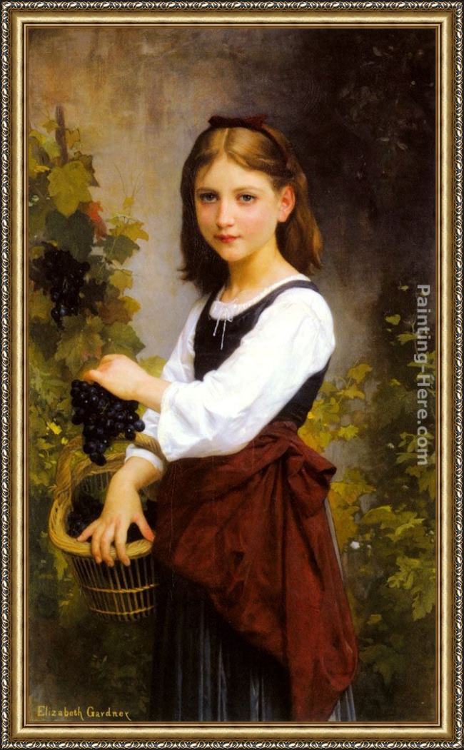 Framed Elizabeth Jane Gardner Bouguereau a young girl holding a basket of grapes painting