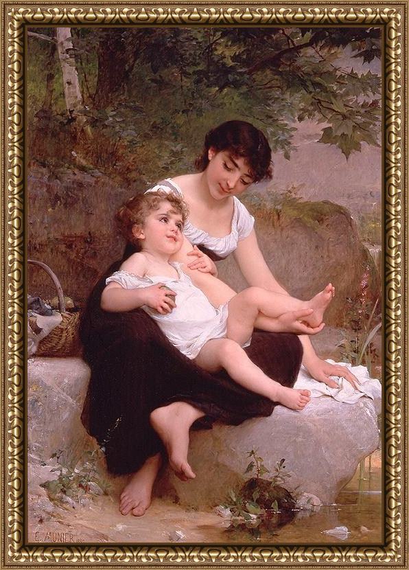 Framed Emile Munier mother and child painting