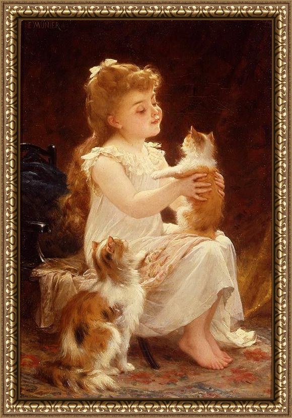 Framed Emile Munier playing with the kitten painting