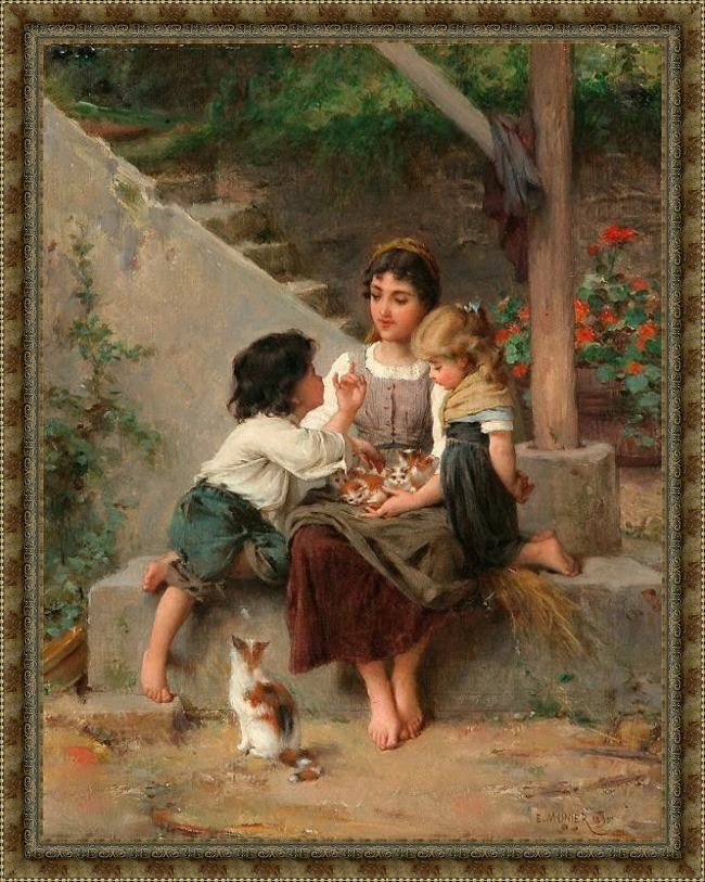 Framed Emile Munier playing with the kittens painting