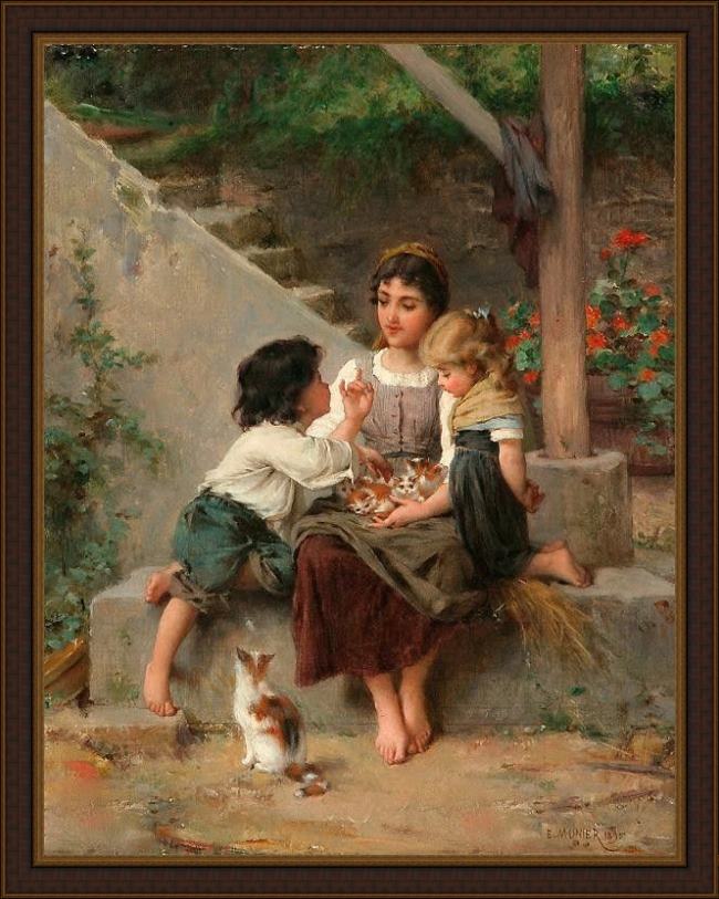 Framed Emile Munier playing with the kittens painting