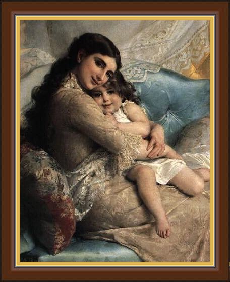 Framed Emile Munier portrait of a mother and daughter painting