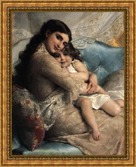 Framed Emile Munier portrait of a mother and daughter painting