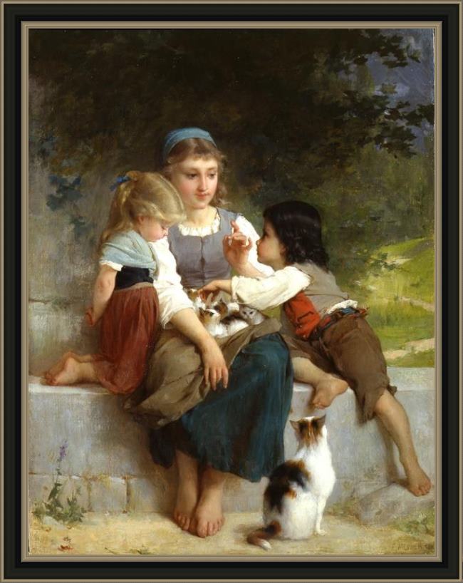 Framed Emile Munier the new pets painting