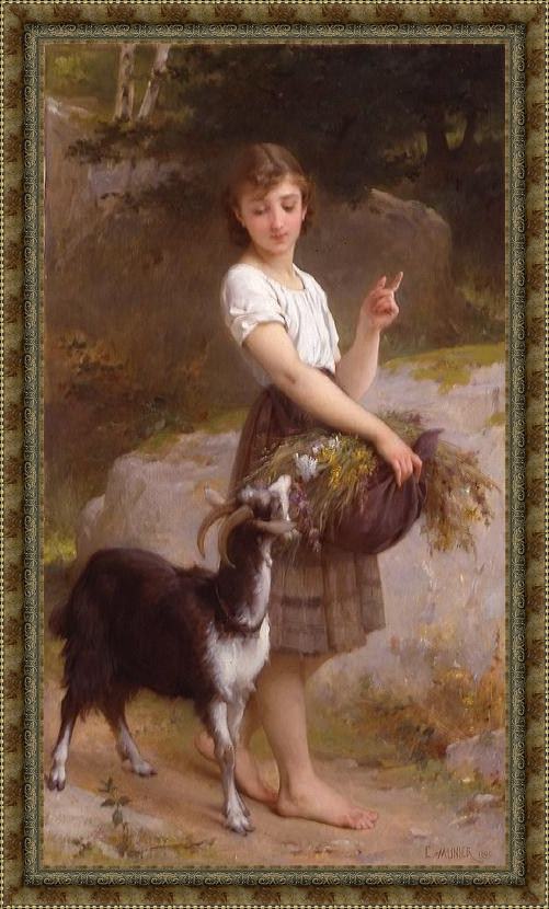 Framed Emile Munier young girl with goat & flowers painting