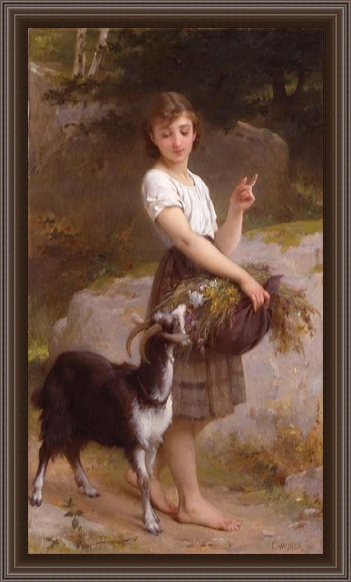 Framed Emile Munier young girl with goat & flowers painting