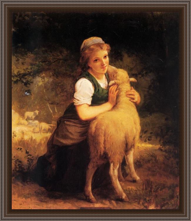 Framed Emile Munier young girl with lamb painting