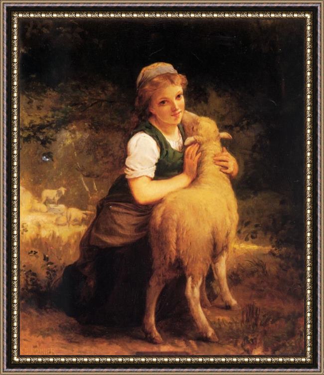 Framed Emile Munier young girl with lamb painting