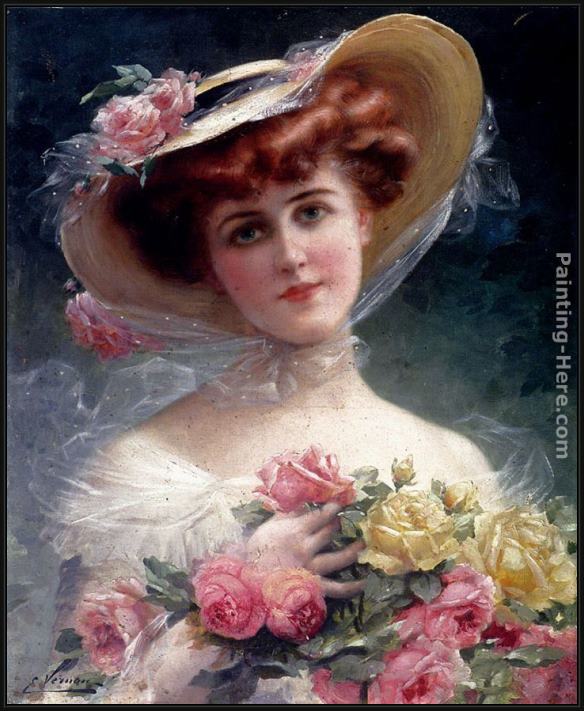 Framed Emile Vernon la belle aux fleurs painting