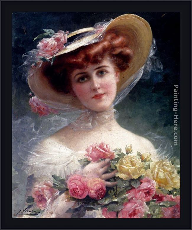 Framed Emile Vernon la belle aux fleurs painting