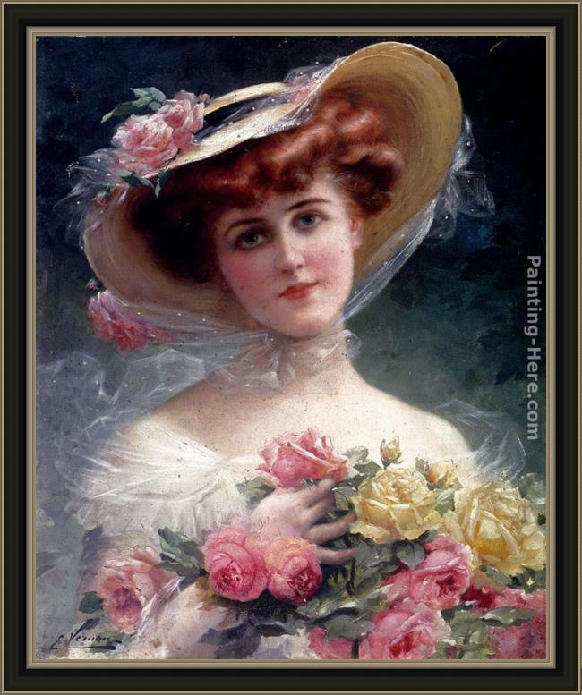 Framed Emile Vernon la belle aux fleurs painting