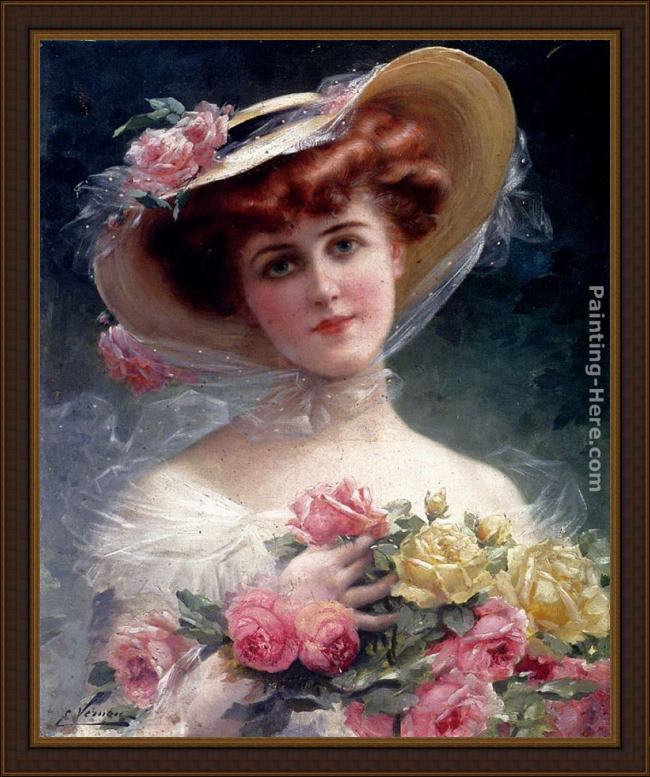 Framed Emile Vernon la belle aux fleurs painting