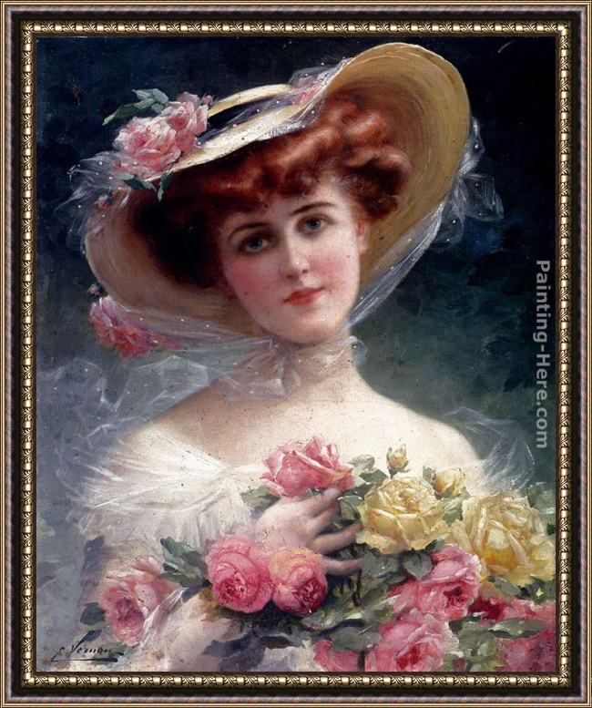 Framed Emile Vernon la belle aux fleurs painting