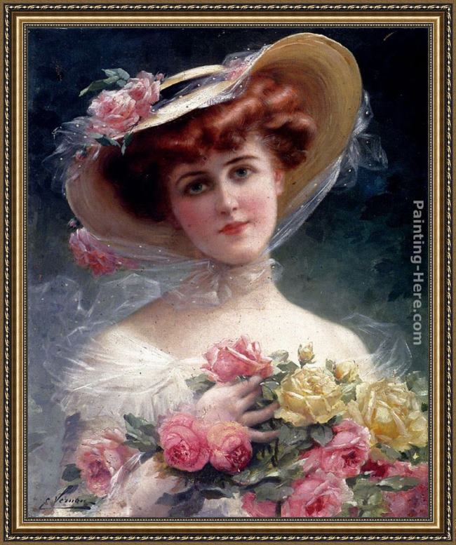 Framed Emile Vernon la belle aux fleurs painting