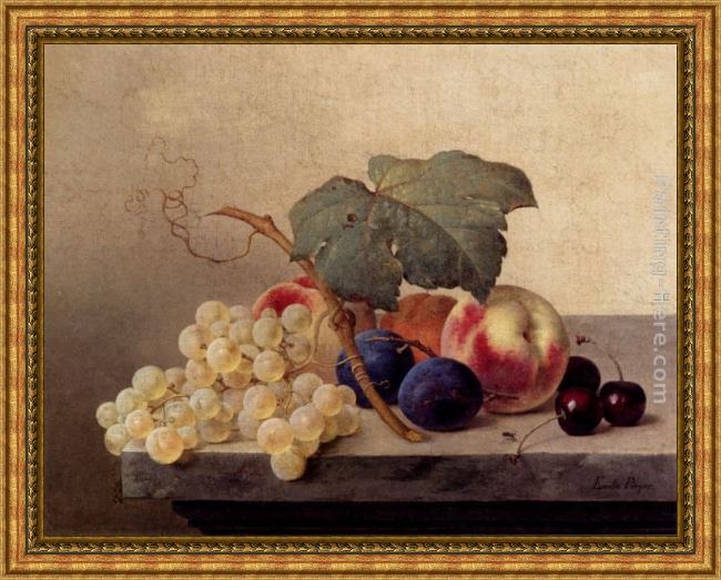 Framed Emilie Preyer still life with grapes, peaches, plums and cherries painting