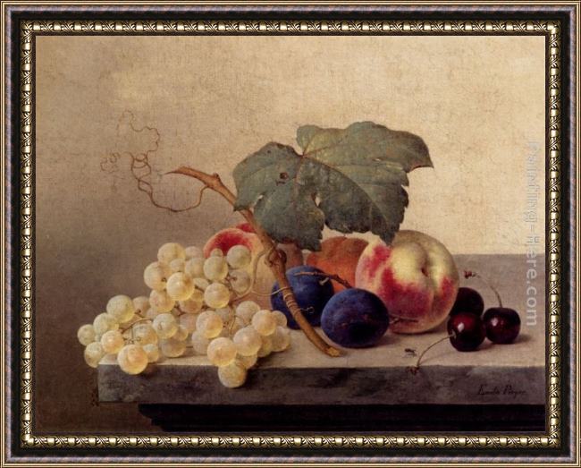 Framed Emilie Preyer still life with grapes, peaches, plums and cherries painting