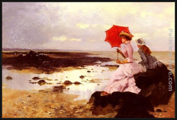 Framed Ernest Ange Duez au bord de la plage sur un rocher painting